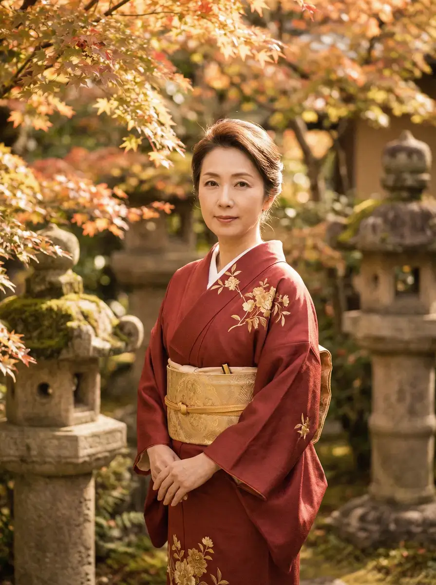 一位身穿暗红色和服的优雅 御梦子 在日式庭院中